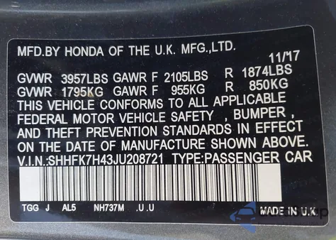 2018 Honda Civic Sport z USA, uszkodzony, nr VIN SHHFK7H43JU208721